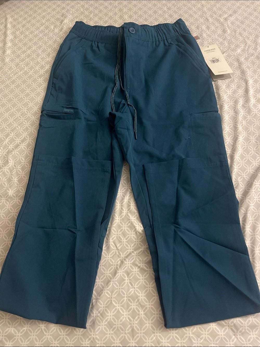 Cherokee Teal Cargo Scrub Pants with Drawstring Waist